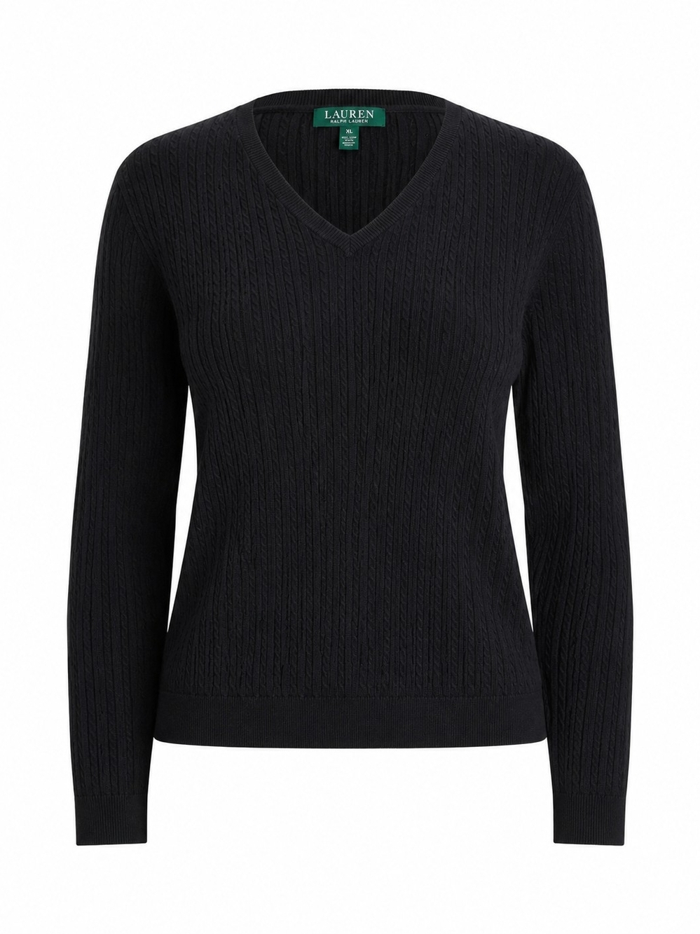 LAUREN RALPH LAUREN | Black Cotton Cable Knit V-Neck Minimalist Sweater | XL
